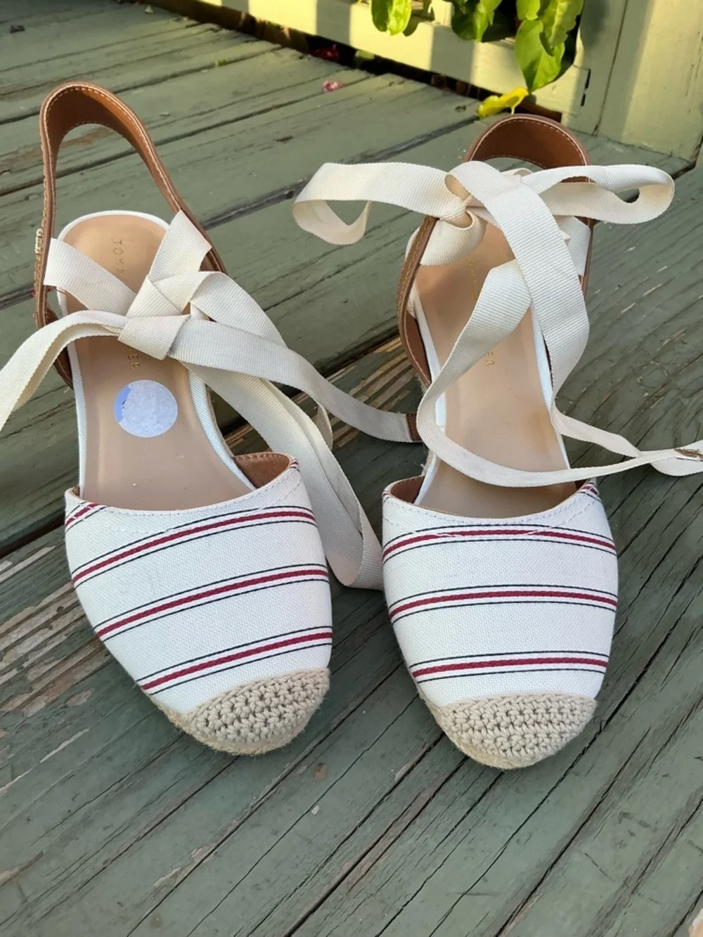 Tommy Hilfiger White Canvas Espadrille Wedges with Red Stripes